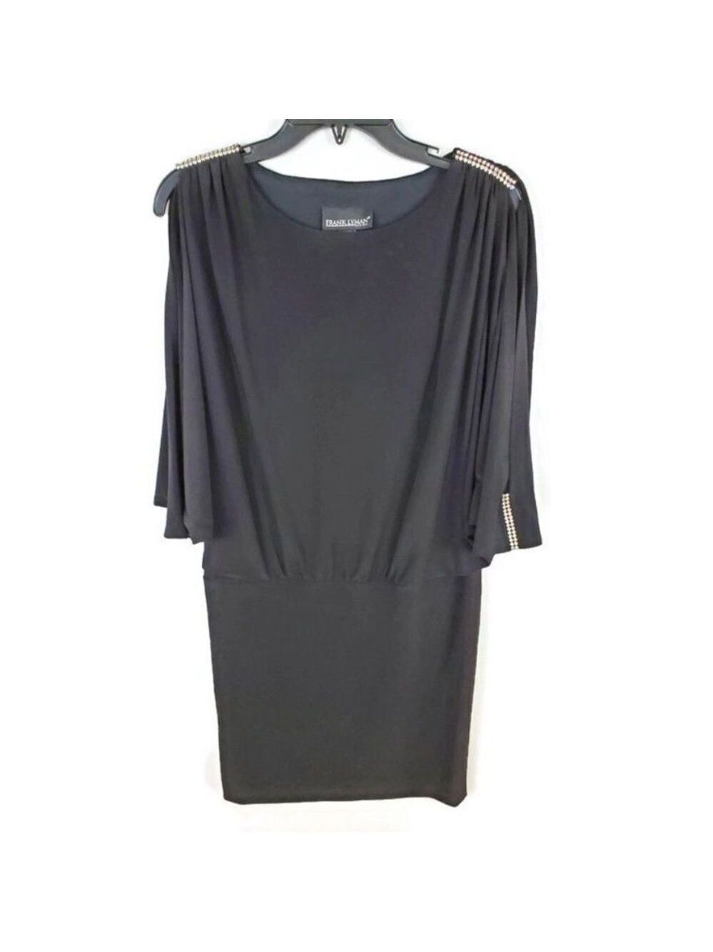 FRANK Lyman black rhinestone shoulder long sleeve formal cocktail dress Sz 2